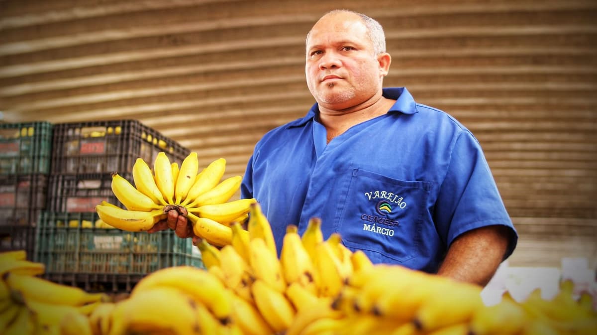 Feirante sorrindo ao lado das bananas na sua banca